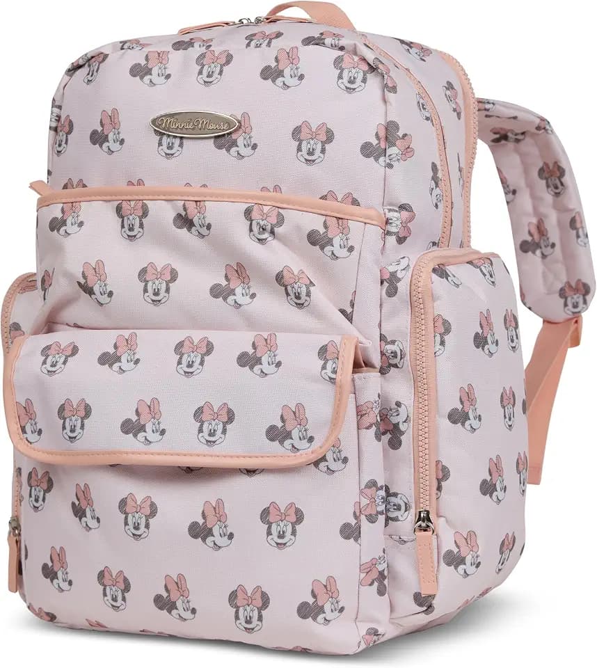 Disney Diaper Bag Backpack with Changing Pad Minnie Mouse – 16” Nylon Baby Bag for Parents, Insulated Bottle Holders, Multiple Storage Pockets
