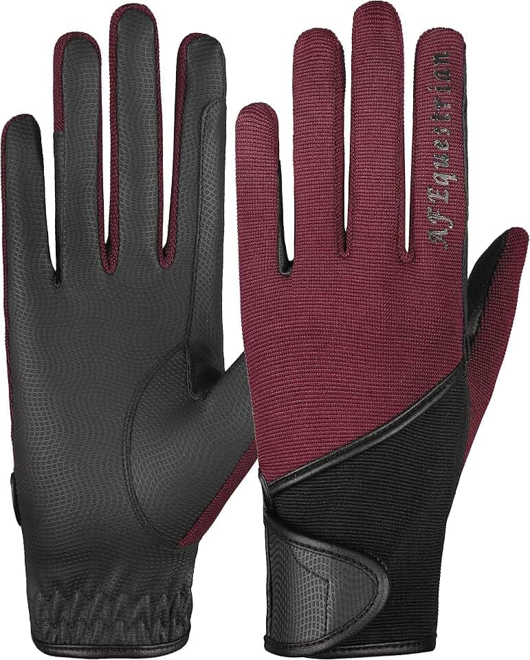 AFE Ladies Horse Riding Gloves Track Fabric Gloves Synthetic Leather Equestrian Black Stretch Fabric Pink Purple Lilac