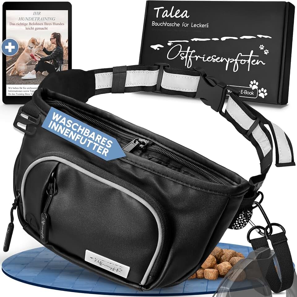 Leckerli-Bauchtasche 'Talea' für Hunde aus Kunstleder mit Einhandmagnetverschluss - Leckerlibeutel inkl. wechselbarem Innenfutter - Bauchtasche für Hundezubehör - Schwarz