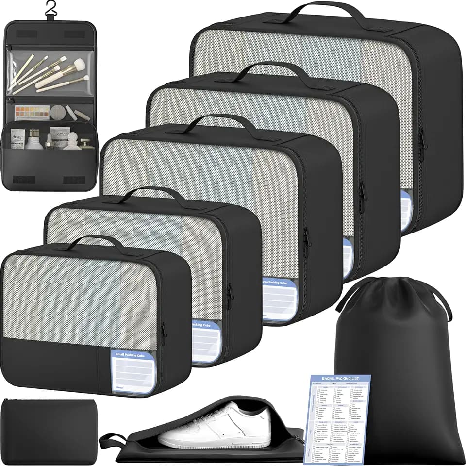 BAGAIL 9 Set Packing Cubes with Packing List Luggage Packing Organizers for Travel Accessories (Black)