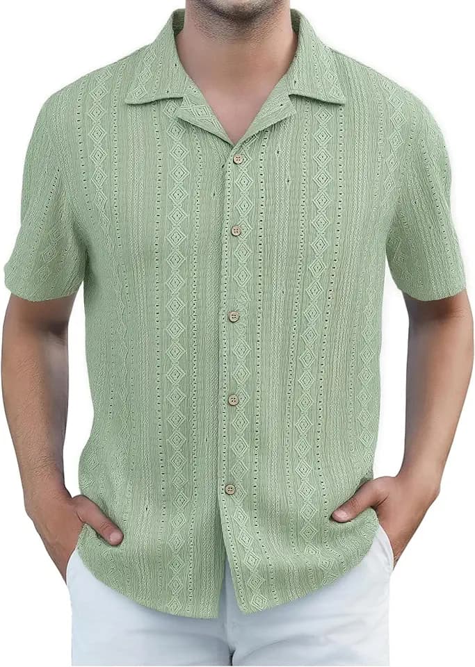 Damipow Mens Linen Button Down Shirts Short Sleeve Casual Beach Shirt