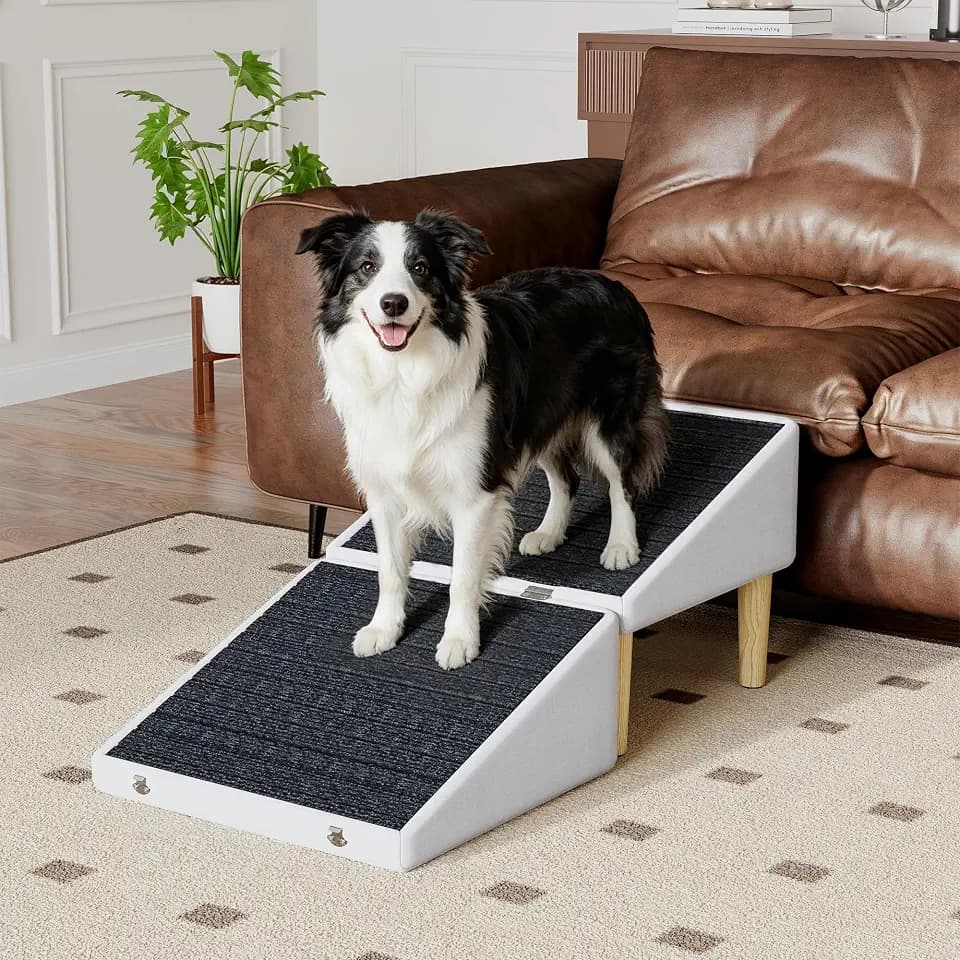 3-in-1 Dog Ramp Pet Stairs 18.5"x18.3"x18.1" with Hidden Storage Ottoman, Anti-Slip Steps for Small, Medium, Large, Senior & Injured Pets, 220LBS for Bed & Sofa (Beige)