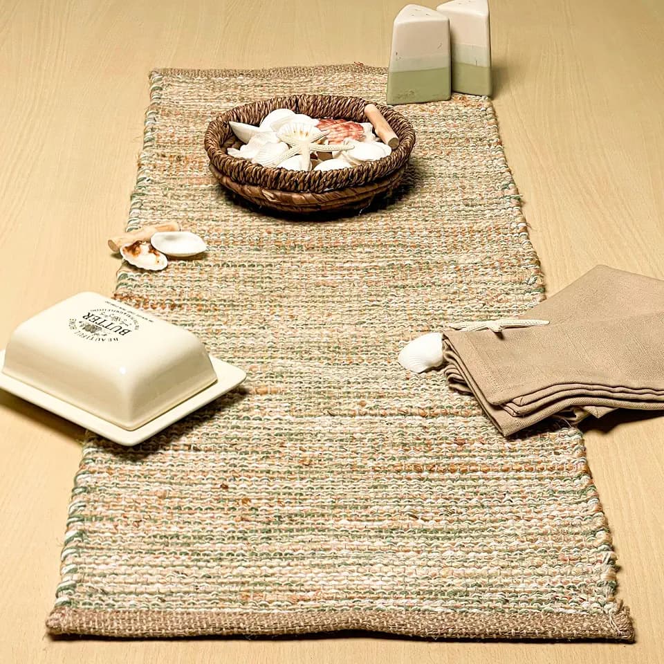 Chardin home Natural Jute Table Runner, 13x48 Inch, Sage Green-White