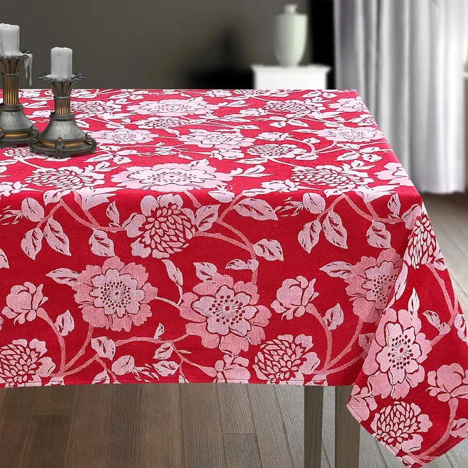 CAIT CHAPMAN HOME COLLECTION Dual Color Cross Dyed Cottage Floral Jacquard Woven Tablecloth (Red, 60"x120")