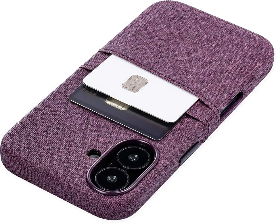 Dockem Kartenetui für iPhone 16 mit Integrierter Metallplatte für Magnetischen Befestigung und 2 Kartenfächer: M2 Luxe Canvas-Stil Kunstleder Kartenhülle (Burgund)