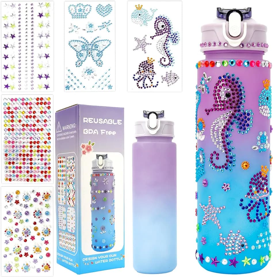 Decorate Your Own Water Bottle Kit for Girls 4-12 Girls Water Bottle Gem Stickers DIY Arts and Crafts Kits Supplies 5 6 7 8 9 10 Year Old Girl Easter Birthday Gifts Easter Basket Stuffers Purple
