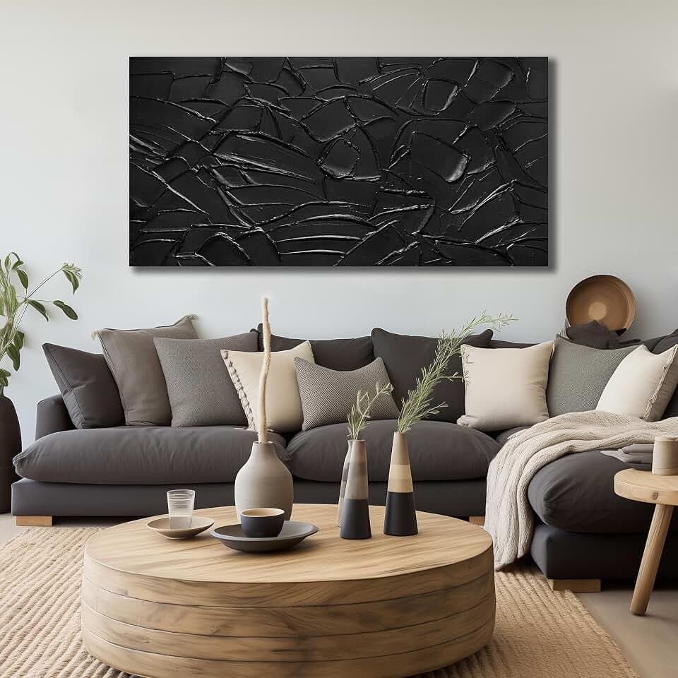 SKYRISE Large Hand Painting 3D Textured Canvas Wall Art for Living Room, Neutral Abstract Black Minimalismt Painting Handmade Picture Artwork Wall-Decor for Bedroom Office, Size 58x29 inches