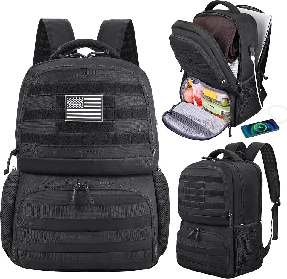 MOZETO Laptop Lunch Backpack for Men, Tactical Inspired Utility Anti-Theft Work Bag with Cooler Compartment Lunchbox (Black, 18 Inch)