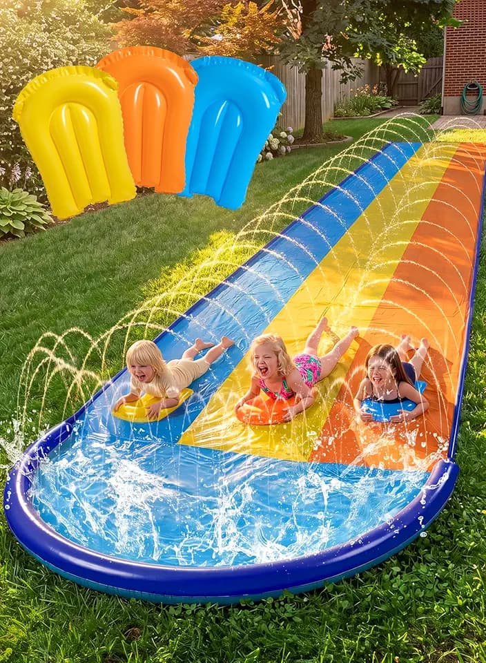 Sloosh Triple Water Slide with 3 BodyBoards, 18FT Lawn Slip Water Splash Slide Summer Toy Splash Pad with Build in Advanced Sprinkler for Kids Adults Backyard Summer Water Fun