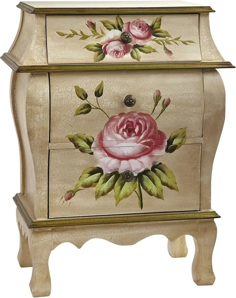 Nearly Natural Antique Night Stand w/Floral Art Nightstand, Beige/Pink/Gold,23" x 14.5" x 34.5"