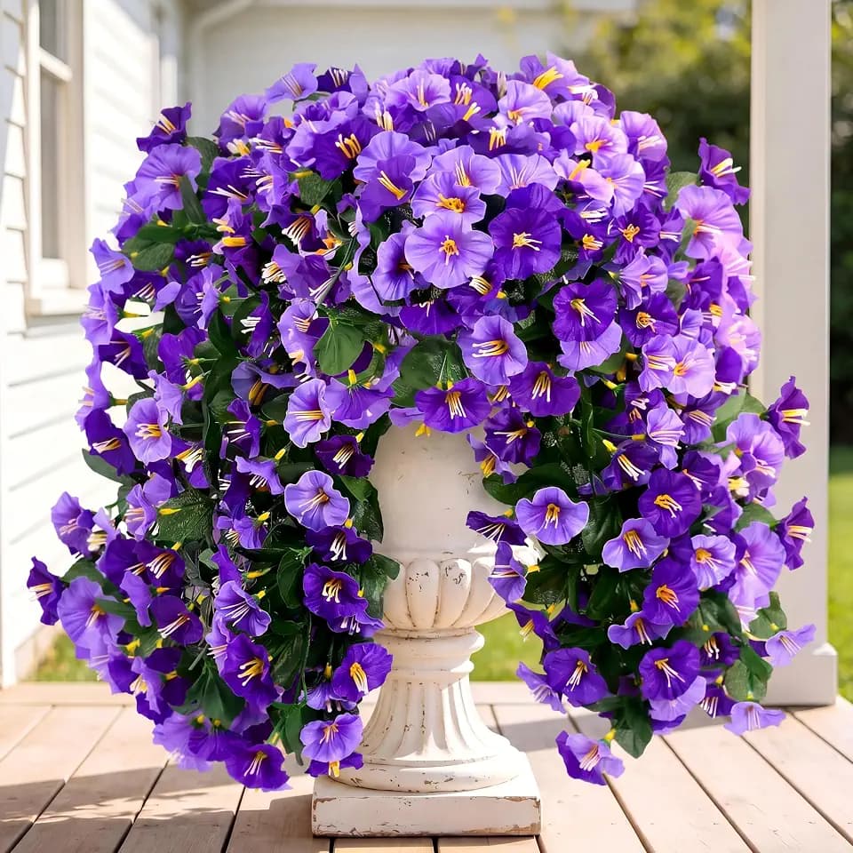 Sggvecsy Artificial Fake Hanging Flowers Plants Outdoor Outside Spring Summer Decoration 4PCS Faux Silk UV Resistant Morning Glory Trailing Vines for Home Porch Patio Balcony(Purple & Light Purple)
