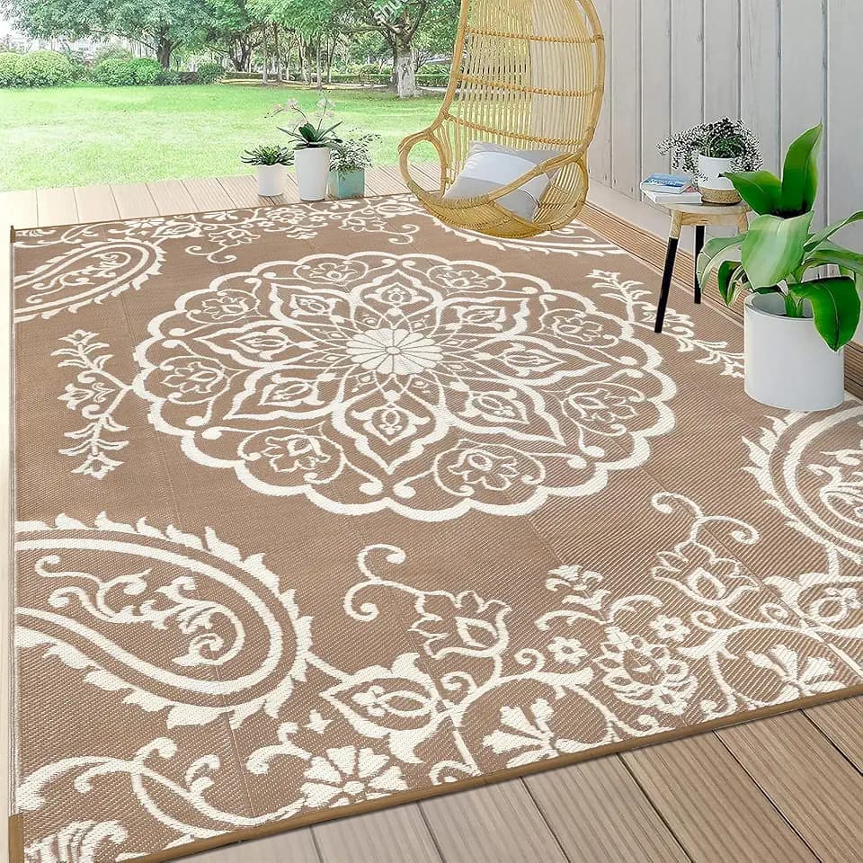 Pauwer Outdoor Rug 8x10, Waterproof Plastic Straw Camping Rug, Boho Brown
