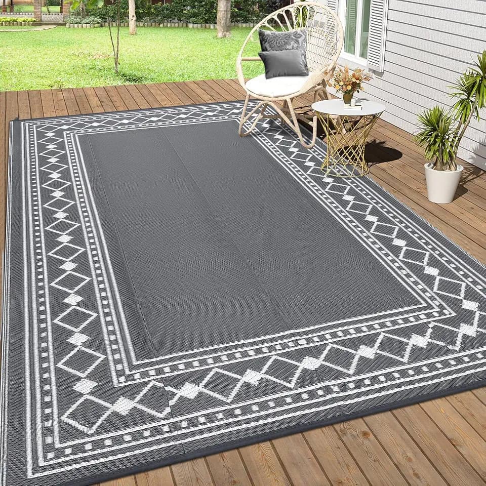 COZYLOOM Diamond Border Outdoor Rug 9x12 Patio Waterproof, Modern Geometric Outdoor Plastic Straw Rug with Portable Bag, Camping Rugs for Outside Your RV, Reversible Mats for Backyard, Camper, Grey