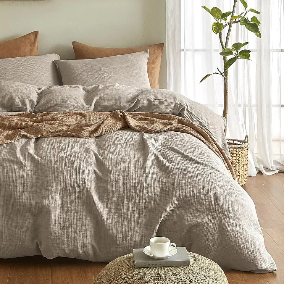Bailix Premium Musselin Bettwäsche Sets 220x240 3 teilig 100% Baumwolle atmungsaktiv & bügelfrei Bettbezüge 220x240cm + 2er Kissenbezüge 80x80cm Oeko-Tex Bettwäsche-Sets mit Knöpfe Beige