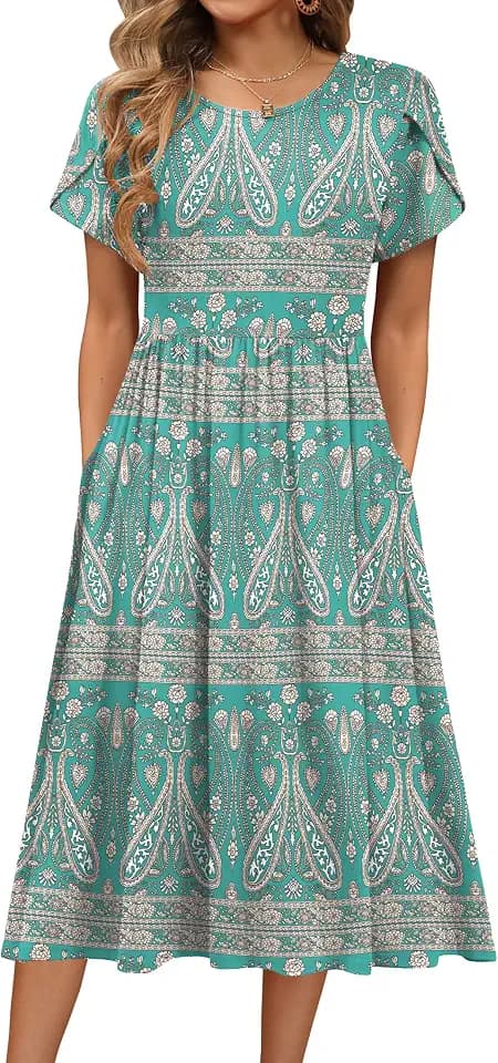 Hotouch Sommerkleid Damen Kurzarm Kleid Rundhals Freizeit Kleid mit Tasche