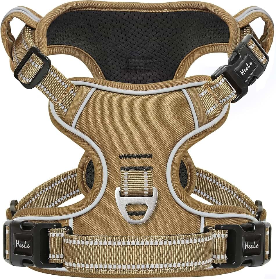 HEELE Hundegeschirr für Mittelgroße Hunde, Freigabe am Hals, Vorderseite Rückseite Clips Hundegeschirr Einstellbar Reflektierend Anti Zug Hundegeschirr mit Gepolstert Grifff, Khaki, M