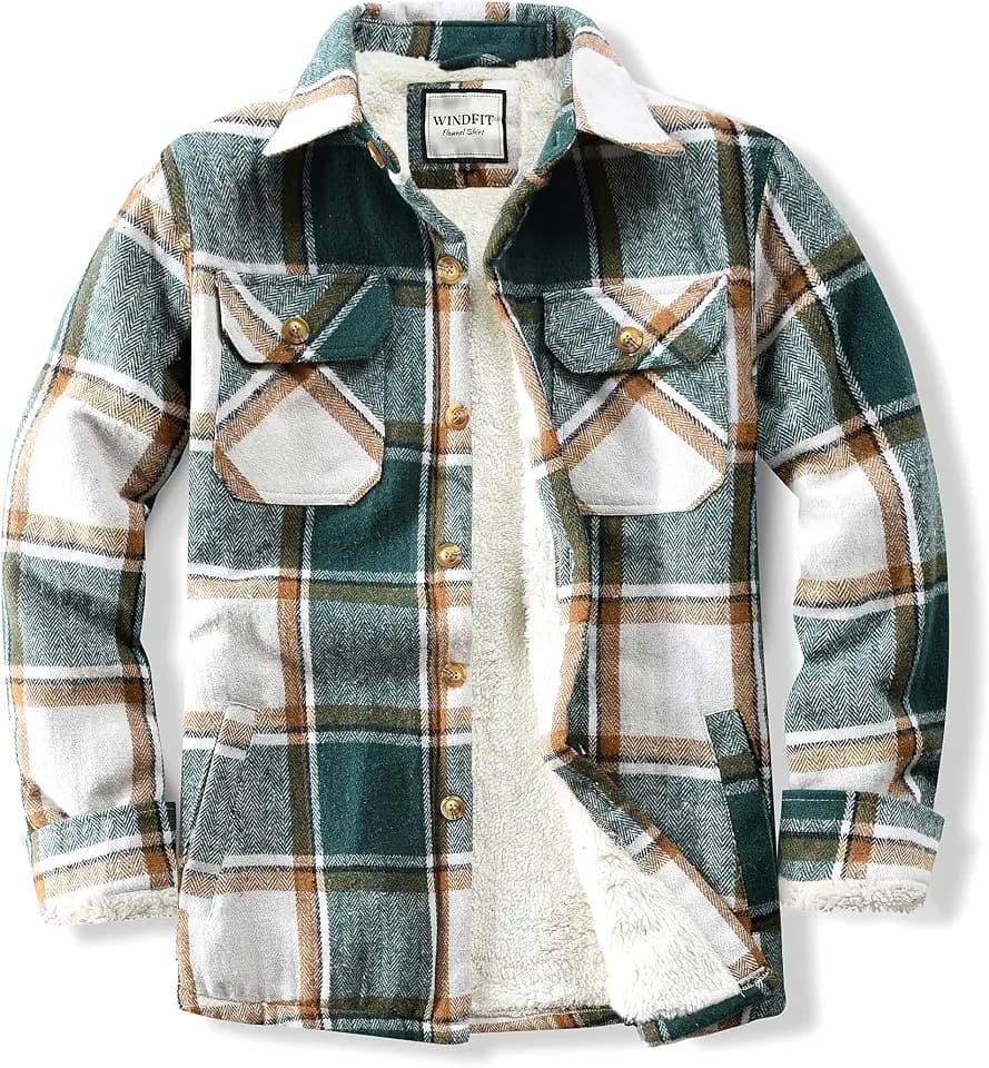 WINDFIT Men's Cotton Sherpa Button Down Flannel Shirt Jacket Plaid Shirt