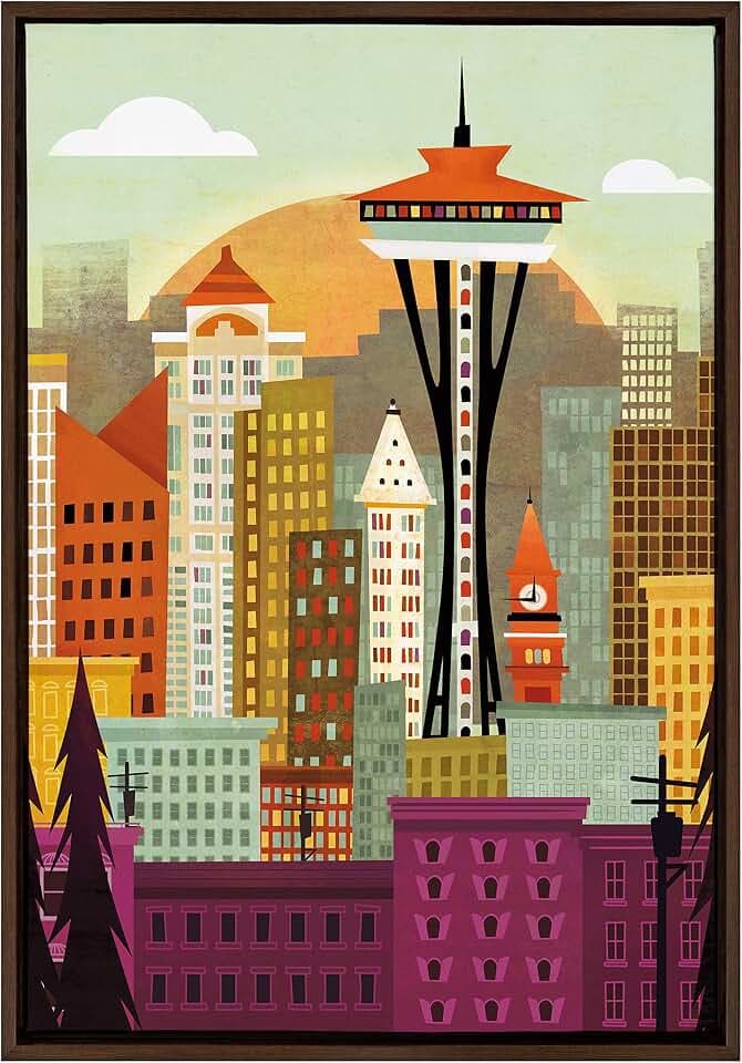 Kate and Laurel Sylvie Seattle Skyline Framed Canvas Wall Art by Amber Leaders, 23x33 Walnut, Beautiful City Skyline Wall Decor