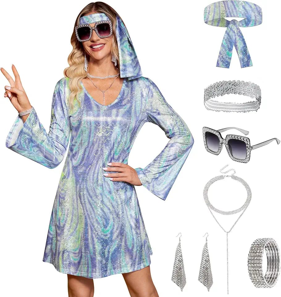 Women's Halloween 7 Pcs Disco Dress Sequin 70s Dance Costume Outfit