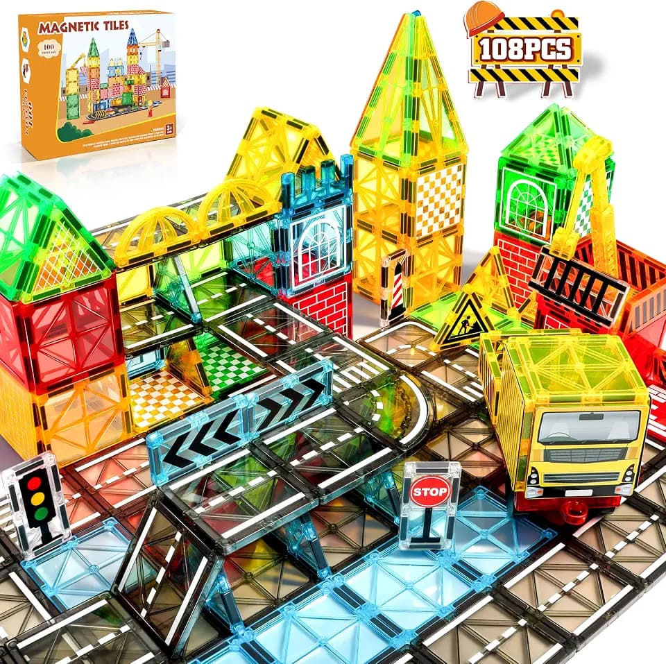 JONRRYIN Magnetische Bausteine Straßenset, 100PCS Ausfahrbarem Magnetisches Straßenset, Magnetbausteine Straße Set mit Kran und Building Fliesen, Magnet Spielzeug Kinder (Bauwesen)