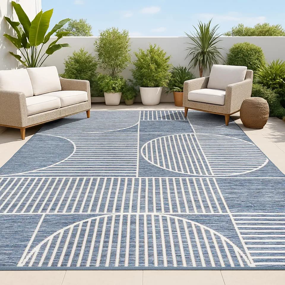 JONATHAN Y Geometric Lines Reversible Washable Indoor Outdoor Area Rug 8X10 Navy/Cream, Arielle Mid-Century Modern for Backyard, Patio, Porch, Easy-Cleaning, Pet-Friendly, Non-Shedding (SVH111A-8)