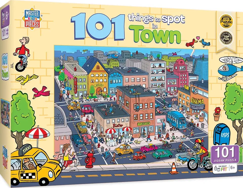 Masterpieces 100 Piece Family Jigsaw Puzzle for Kids - 101 Things to Spot in Town - 14"x19"