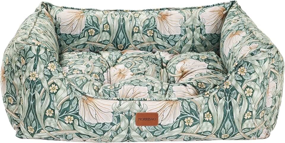 Rosewood x Morris & Co. Pimpernel Quadratisches Hundebett Medium - Luxuriöses Wendebett mit ikonischem William Morris Blumendruck, weiches waschbares Kissen, gepolsterte Seiten - Stilvolles