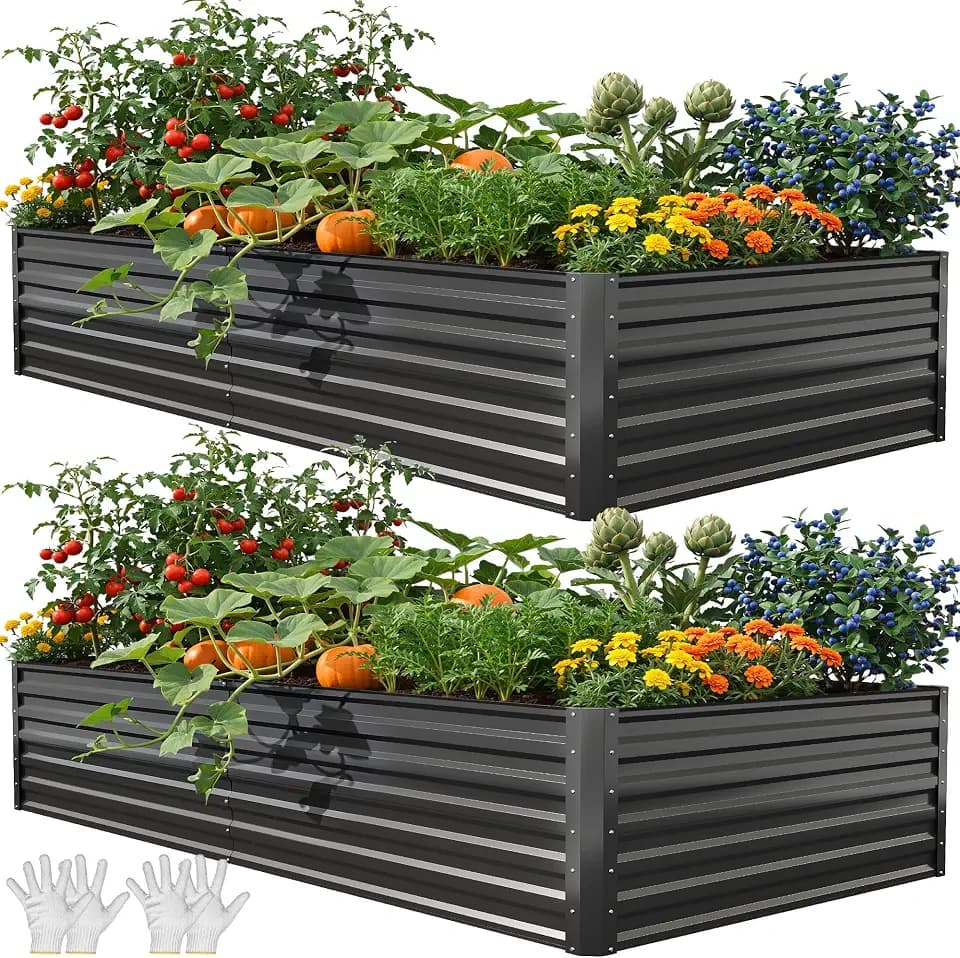 YITAHOME 2pcs 8x4x1.5ft Galvanized Raised Garden Bed, Metal Planter Box with Safety Rubber, Gloves, Outdoor Flower Bed for Planting Plants Vegetabless, Black