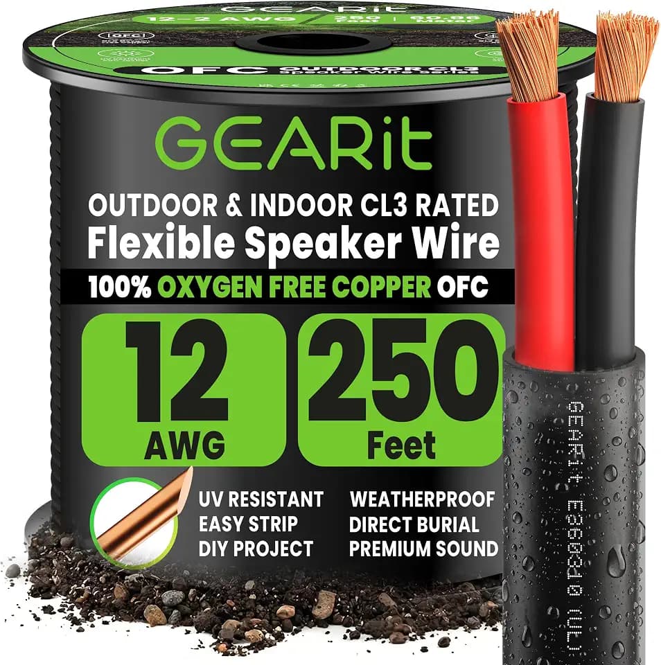 GEARit Outdoor Speaker Wire 12 Gauge,OFC Speaker Cable 250FT UL CL3 Rated