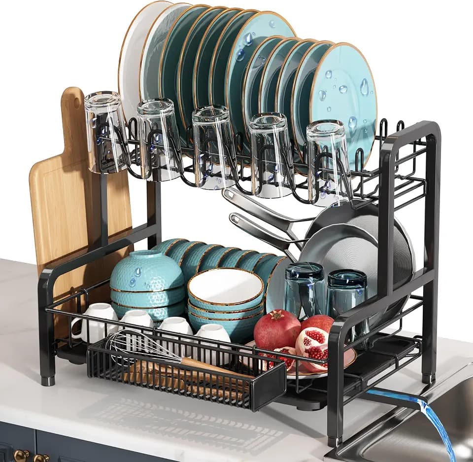 BOOSINY 2 Tier Black Stainless Steel Dish Drying Rack for Kitchen Counter