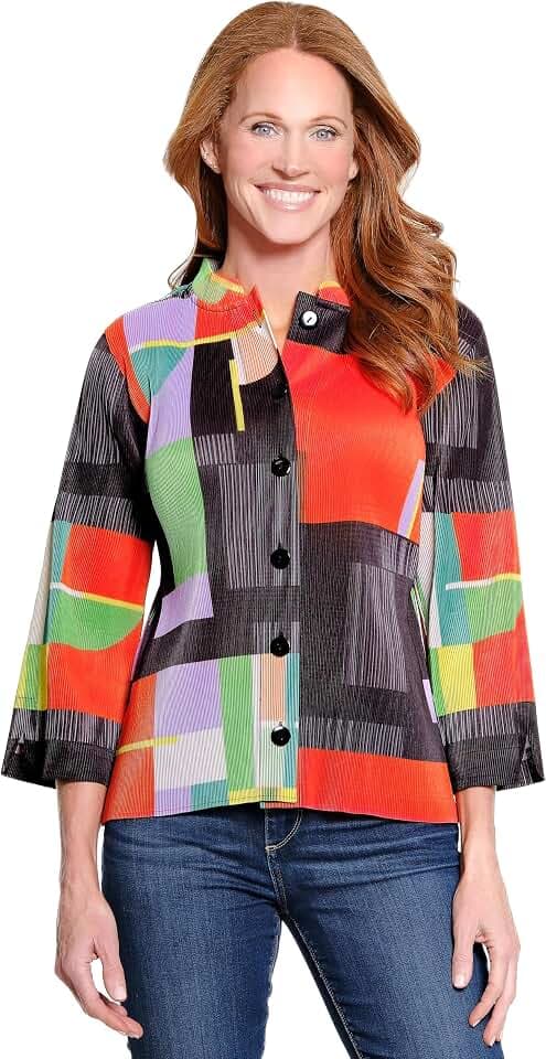 Ali Miles Women's Knit Textured Button Front Tunic Shirt Collar Three Quarters Cuff Sleeves