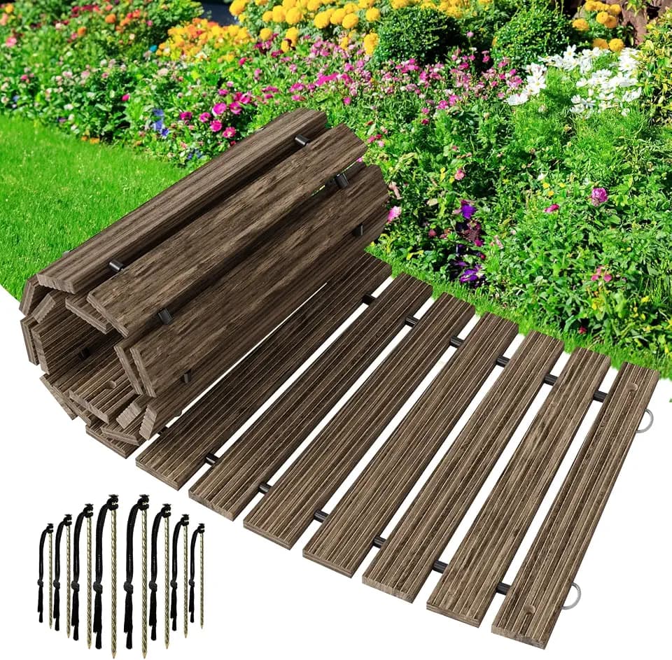 Amazer Wooden Garden Pathway, 6 FT Roll Out Curved Walkway, Widened Plank Non-Slip Outdoor Walkway Path with 8 Stakes, Garden Lawn Paver for Outside Walkway Backyard Wedding Party Boardwalk, Brown
