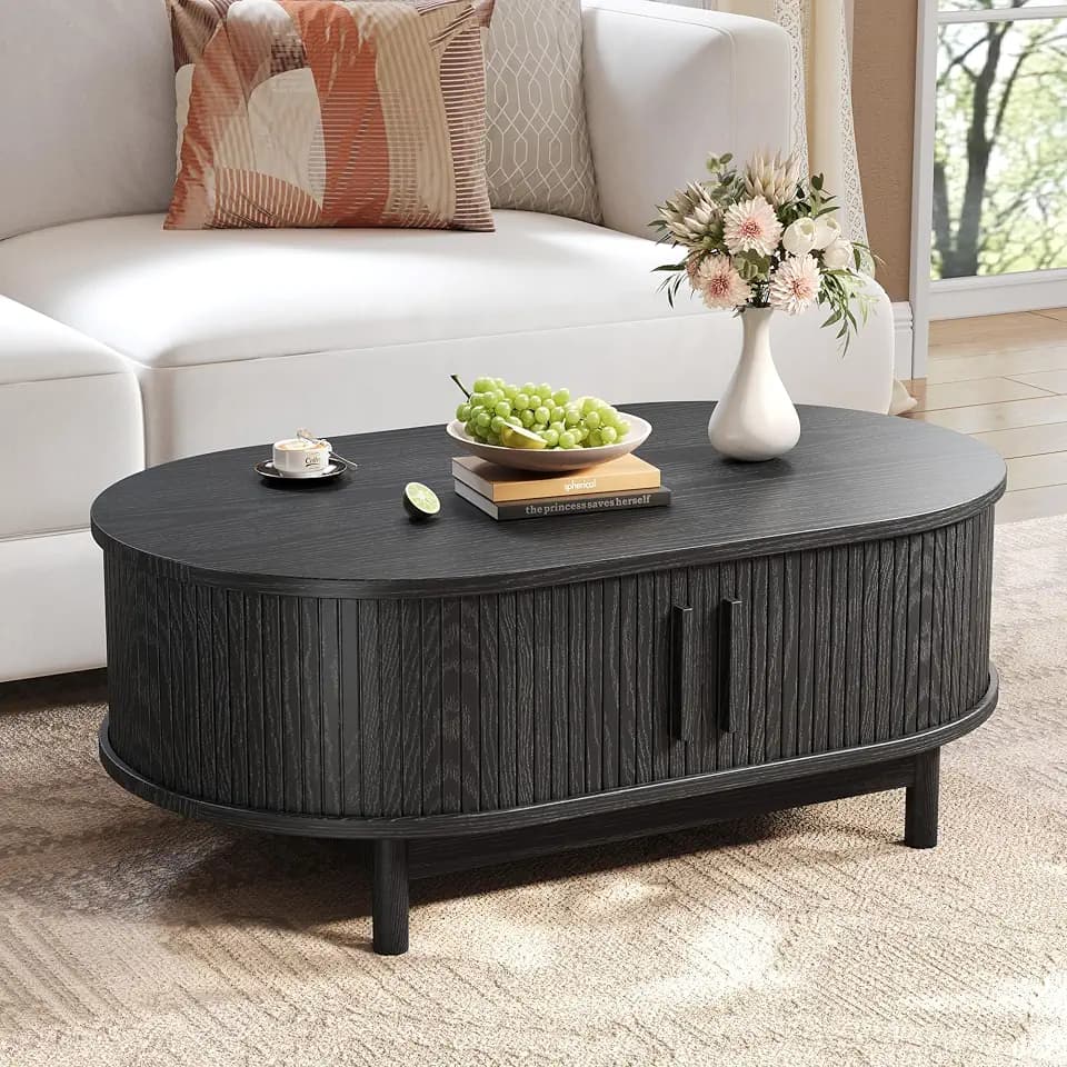 Oval Fluted Coffee Table, 40” Mid Century Modern Center Table with Large Storage, Tea Table with Sliding Tambour Door, Farmhouse Coffee Table for Living Room, Office, Bedroom, Black