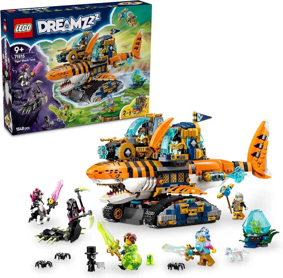 LEGO DREAMZzz 2in1 Tigerhai-Fahrzeug - Spielzeug verwandelbar in Piratenschiff mit Kanone - inkl. 5 Minifiguren und 2 sammelbaren Schatz-Kreaturen - Geschenk für Jungen ab 9 Jahren - 71515