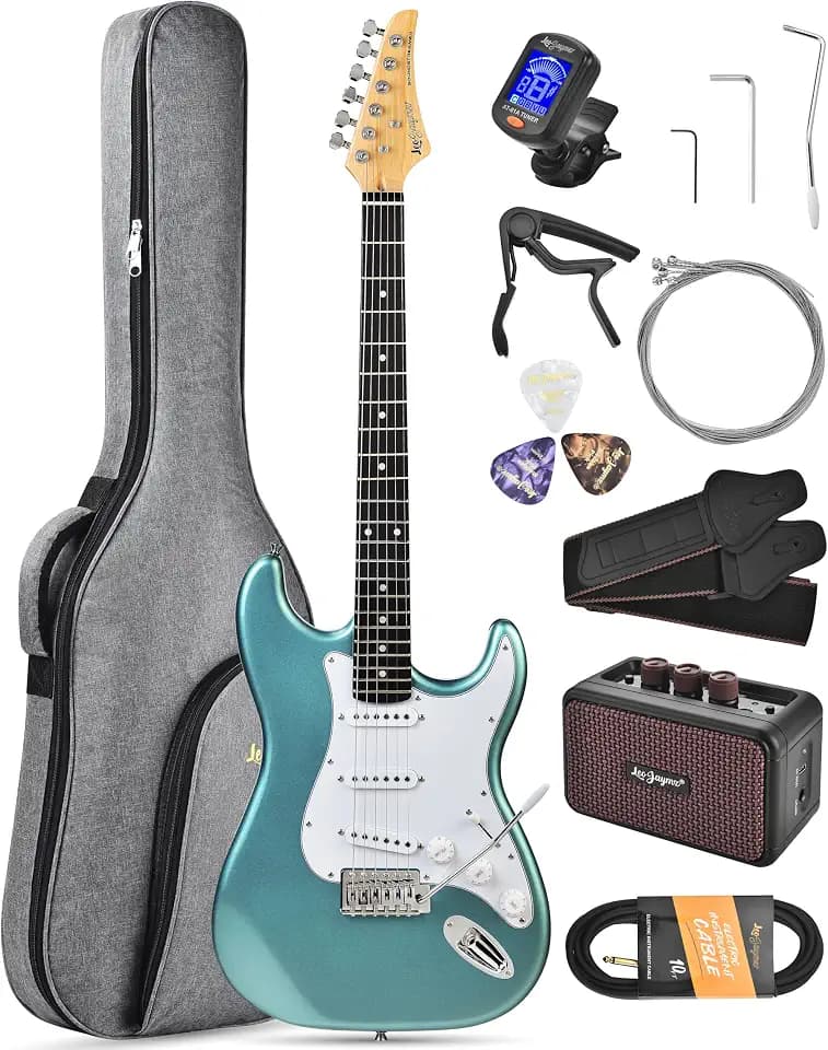 Leo Jaymz Beginner Electric Guitar 39” Kit with Portable Amplifier, Padded Gig Bag, Digital Tuner，Capo，Strap，Picks，Classic SSS Pickups (Cyan-SSS)