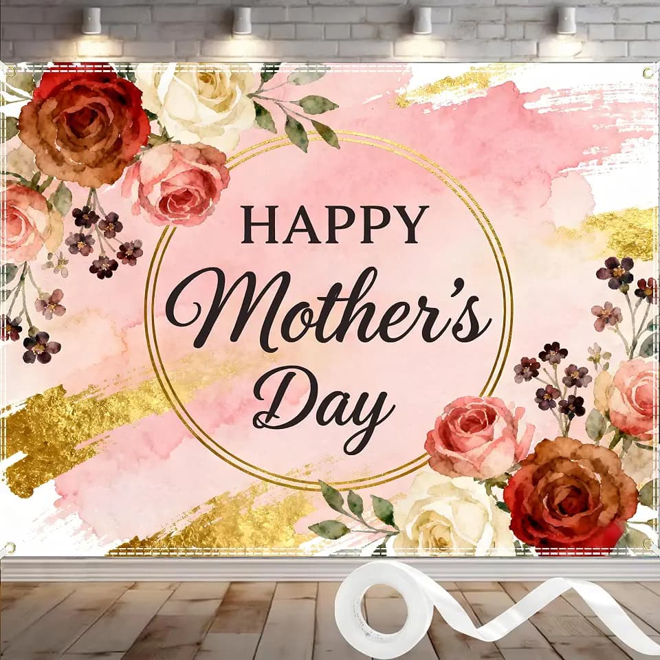 8x6 Ft Happy Mother's Day Banner Backdrop Flower Backdrop for Mother's Day Event Decoration Indoor Outdoor House Garden Yard Sign Background with 19ft Ribbon