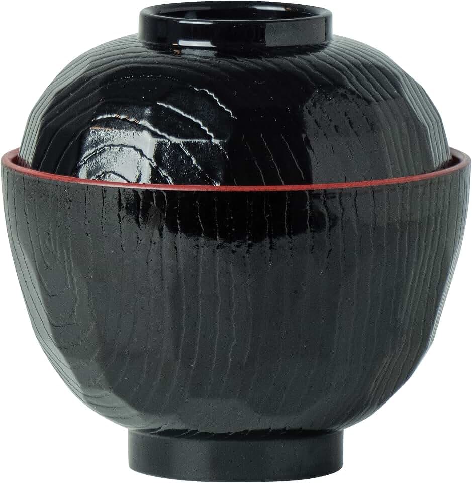 JADE TEMPLE Miso Schüssel Set, 10,5cm Ø, mit Deckel, schwarz-rot, 2-teilig, asiatisches Geschirr Set aus Kunststoff für Miso Suppe, Ramen & Dips, 330ml Füllmenge, 1 Set