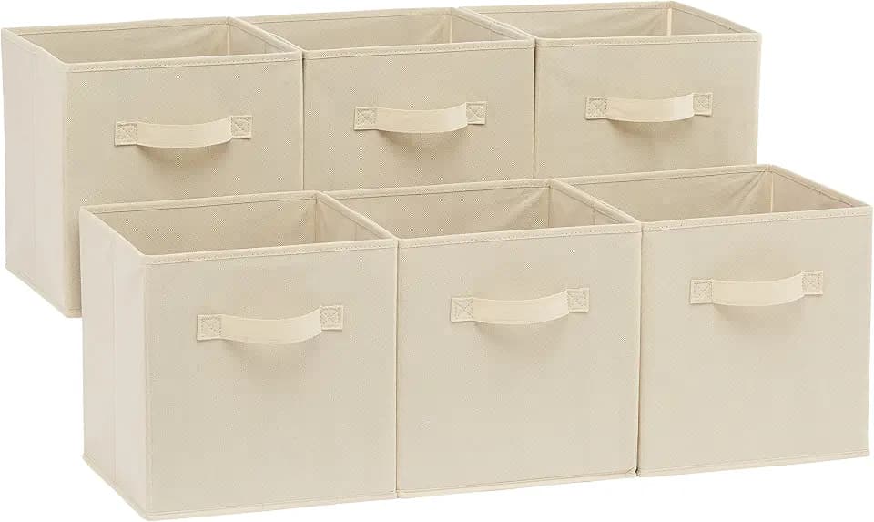 Amazon Basics zusammenklappbarer Aufbewahrungswürfel/Organizer aus Stoff mit Griffen, 26,6 x 26,6 x 27,9 cm, Einfarbig Beige, 6 Stück