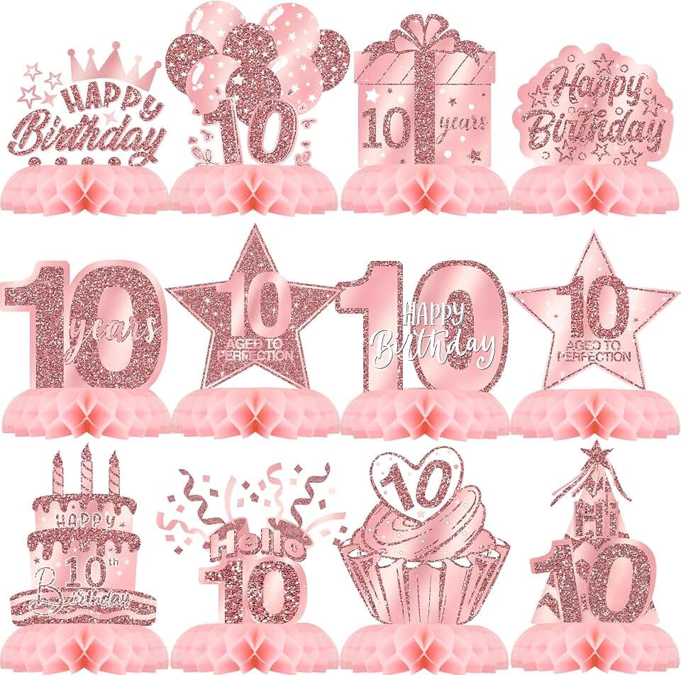 10th Birthday Decorations for Girls – 12PCS Rose Gold Honeycomb Table Centerpieces – Pink Rose Gold Party Supplies for 10 Year Old Girl Celebration