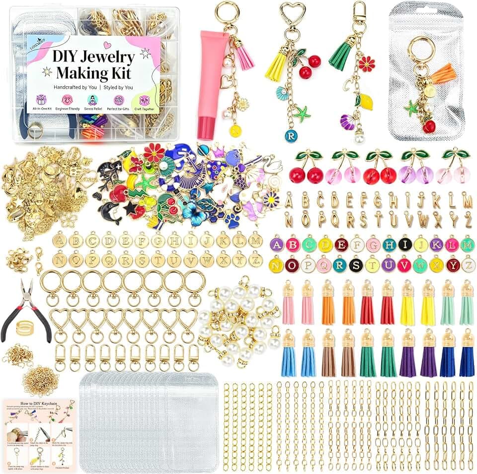 570 Pcs Keychain Making Kit, DIY Charm Making Supplies with Tassels