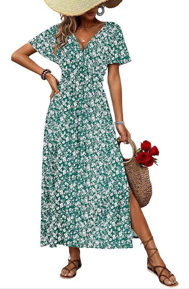 AUSELILY Maxi Dresses V Neck Flutter Sleeve Slit Summer Dress with Pockets