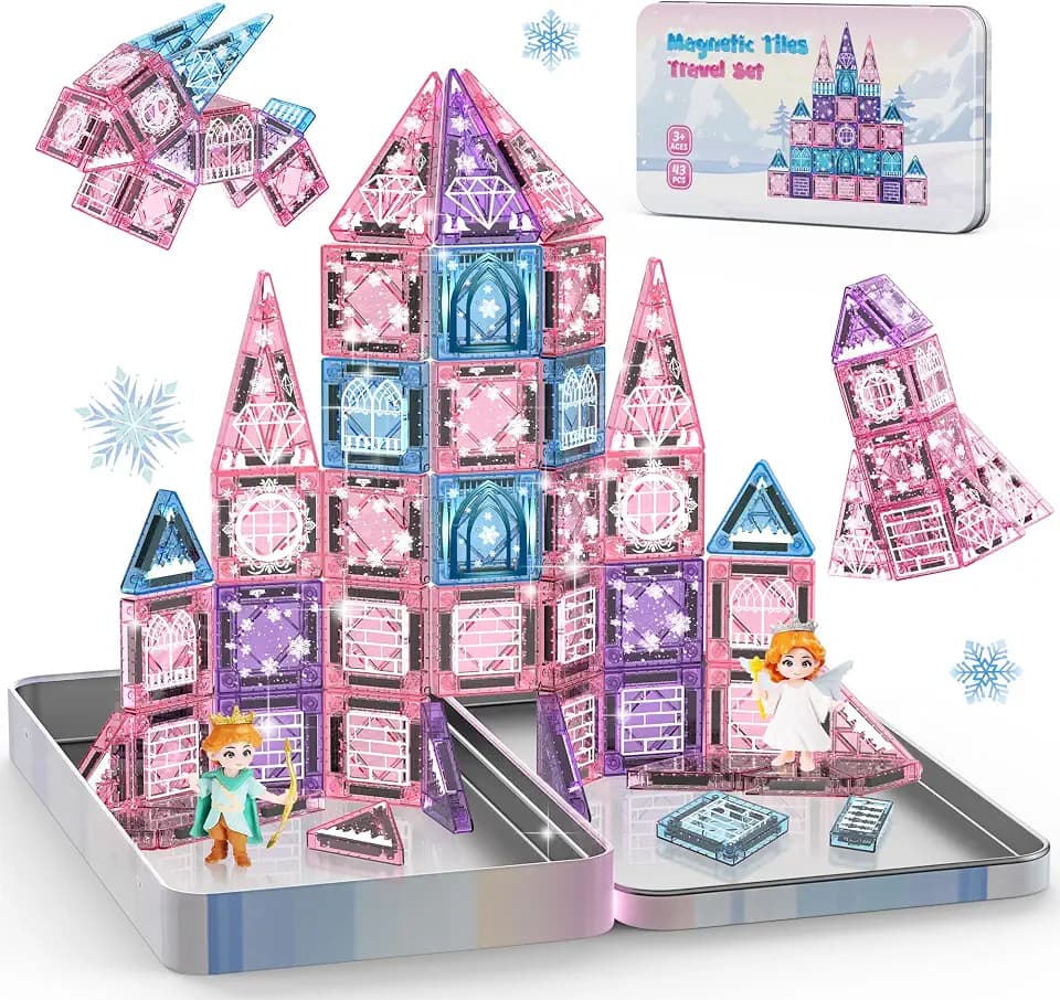Travel Magnetic Tiles for Kids, Princess Toys for Girls with Castle Magnetic Blocks, Metal Box & 2 Dolls, Mini Magnet Tiles for Girls Pretend Play, STEM Sensory Gifts for 3-5 4-8 8-12 Years Old