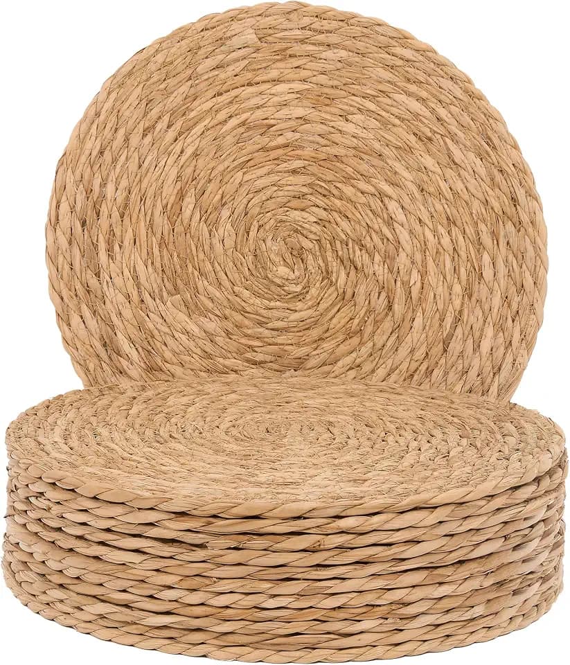 GENMOUS Woven Placemats Set of 12, 13.5" Round Placemats Natural Water Hyacinth Boho Placemat,Farmhouse Rattan Chargers for Dinner Plates,Rustic Braided Wicker Table Mats for Dining Table,Home,Wedding