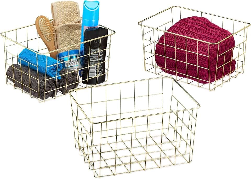 Relaxdays Drahtkorb 3er Set, rechteckig, Gitterkorb zur Aufbewahrung, gold