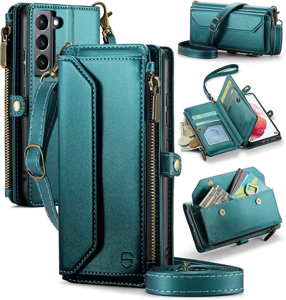 Strapurs Crossbody Wallet Case Compatible with Samsung Galaxy S21 5G RFID Blocking Card Holder Soft PU Leather Magnetic Snap Shoulder Strap Zipper Pocket Phone Case Fit for Galaxy S21 6.2"- Blue Green