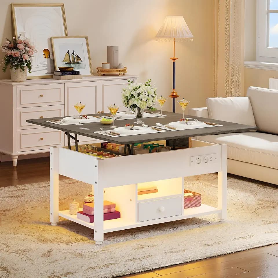 YITAHOME Couchtisch mit Höhenverstellbarer, 4-in-1-Multifunktions-Couchtisch mit Stauraum und LED Beleuchtung, Couchtisch lässt Sich in einen Esstisch für das Wohnzimmer umwandeln, Weiß&Grau