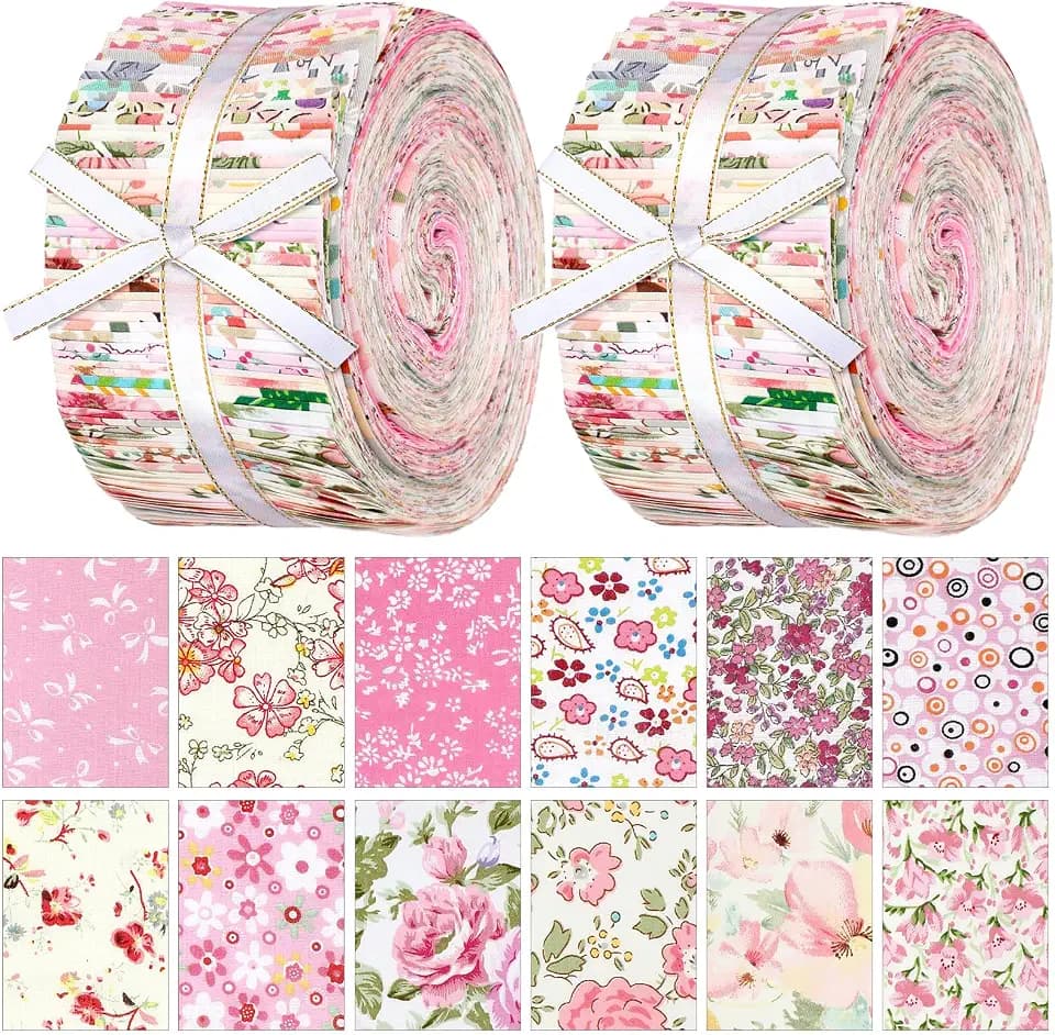 Ganeen 100 Pcs 2.56'' Pink Floral Jelly Fabric Strips Quilting Roll