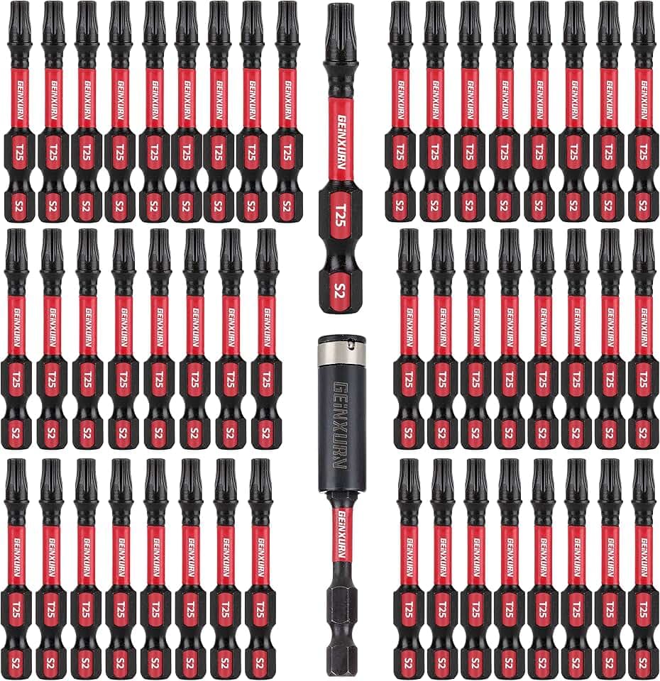 GEINXURN 50 Pieces T25 2 In. Impact Tough Magnetic #25 Torx Head Power Bits, S2 Alloy Steel T25 Screwdriver Bits Set with 1Pcs Impact Bit Holder