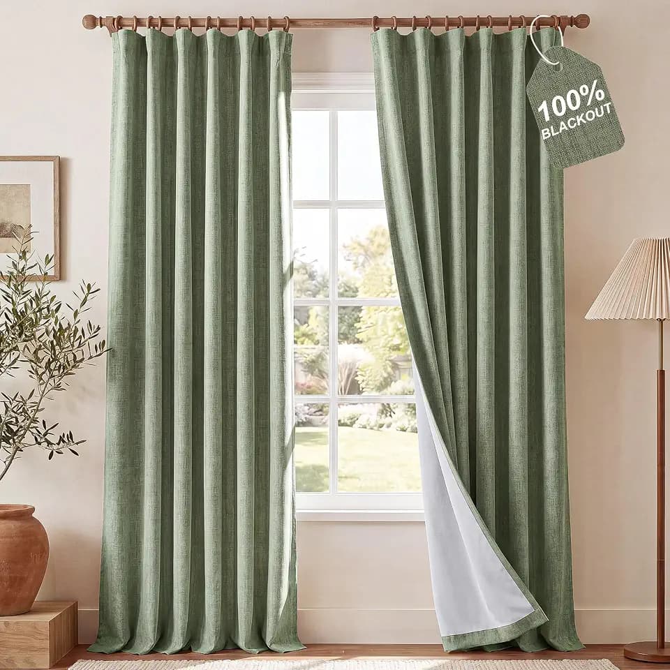 NICETOWN Farmhouse Linen Textured 100% Blackout Sage Green Curtains, Hooks/Back Tab/Pocket Thermal Insulated Room Darkening Window Treatments for Bedroom, 2 Panels, 52" W x 96" L
