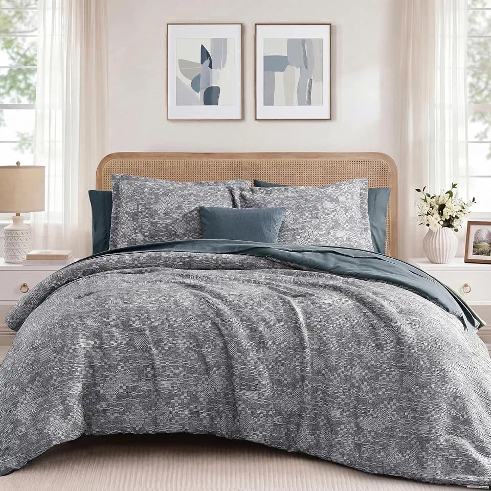 MaiRêve Queen Comforter Set Crinkle Textured Navy Bedding Set 7 Pieces